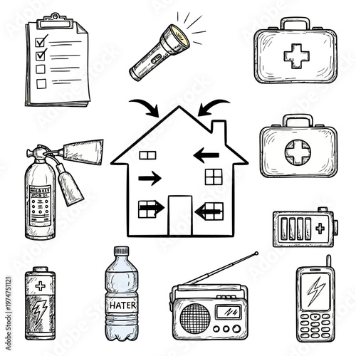 Home emergency preparedness kit items including checklist, flashlight, fire extinguisher, first aid kit, battery, water bottle, radio, and phone.
