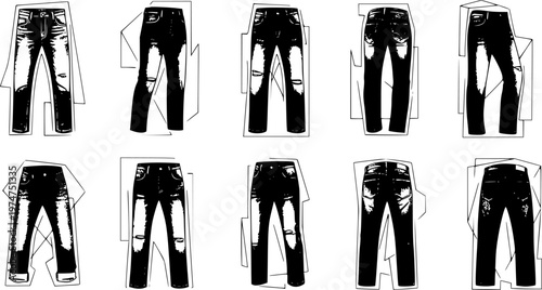 Black and White Line Art Icons of Various Jeans Styles, Fashion, Apparel, Clothing