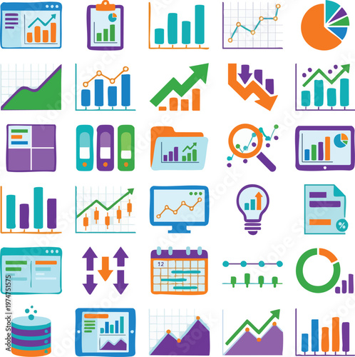 A modern and professional dashboard and analytics vector icon set designed in a clean and colorful flat style. This collection includes icons representing data visualization, charts, graphs.
