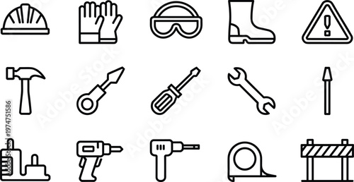 Construction Safety and Tools Line Icon Set Helmet Gloves Hammer Drill and Equipment Vector Collection
