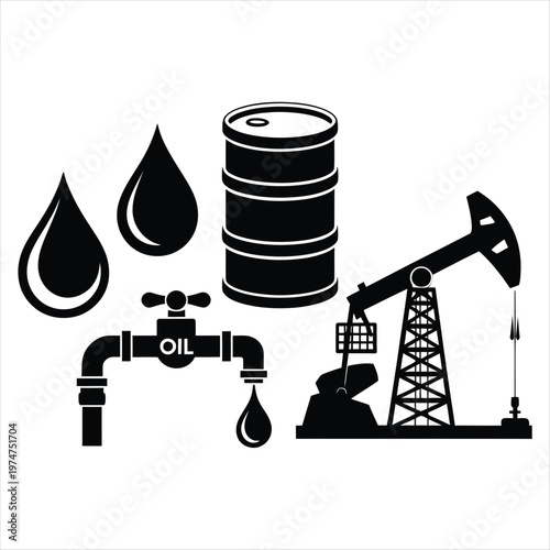 A collection of black oil industry icons including droplets, a barrel, a tap, and a pump jack