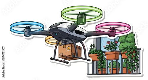 Drone delivering package to plants on balcony with colorful propellers