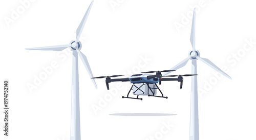 Drone flying between two wind turbines on a white background