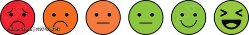 A row of six emoticon faces in gradient colors from red to green, displaying various emotions