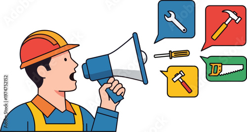 Worker with megaphone announcing holiday and tools in speech bubbles celebrating labor day worker hard work and dedication
