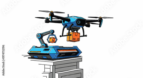 Drone and robotic arm working together on a construction site with tools