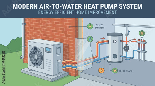 Energy efficient modern air-to-water heat pump system for home improvement with illustration