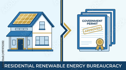 Conceptual representation of homeowners navigating the bureaucratic journey to obtain permits for residential solar energy system installations