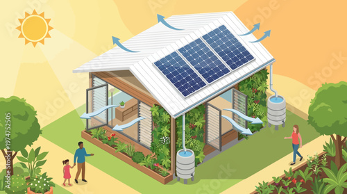 Sustainable Eco-Friendly House Design with Solar Panels and Vertical Garden Demonstrating Green Living Concepts and Renewable Energy Solutions for Modern Homes