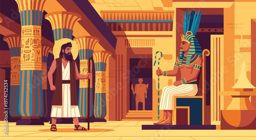 Moses confronts pharaoh in ancient egyptian palace with hieroglyphics on pillars, religious story illustration, biblical scene