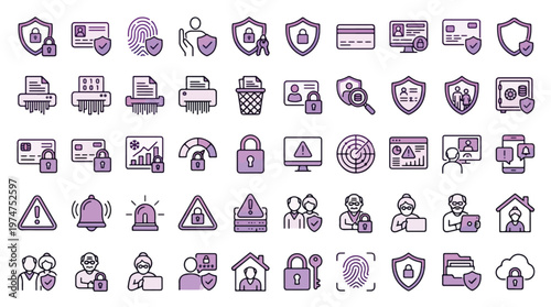 Cyber security and elder fraud prevention icons in purple gradient. A collection of linear icons including social security, retirees, scams, identity theft, fraud, and more. Editable stroke.