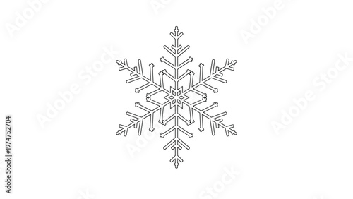 Intricate black and white line drawing of a symmetrical snowflake crystal on a plain white background.