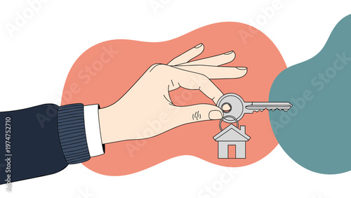 Hand of a person in a dark blue suit holding a silver key with a small house-shaped keychain against a coral background.
