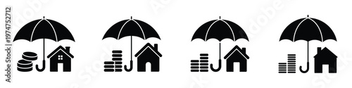 Set of Black Insurance Icons – Home Protection, Financial Security, Money Safety, Property Coverage Concept with Umbrella, Coins, and House Silhouette on White Background