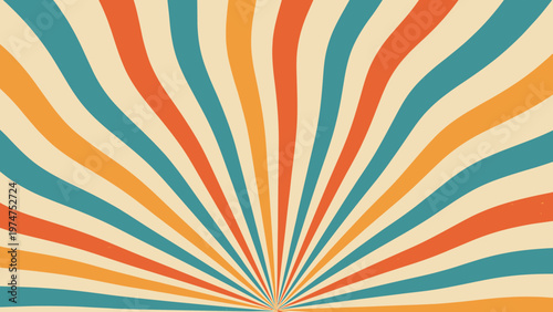 Abstract background design featuring a spiral pattern of red, orange, teal, and beige rays radiating from the bottom center.