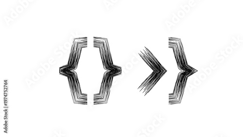 Pair of curly brackets and an arrow symbol created with a distressed grunge brush stroke texture in black on a white background.