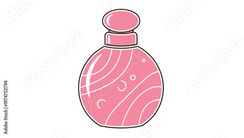 Round pink perfume bottle or cosmetic container with decorative wavy lines and white spots on a clean white background.