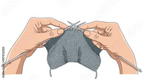 Close up illustration of a person hands using metal knitting needles to create a gray wool garment on a white background.