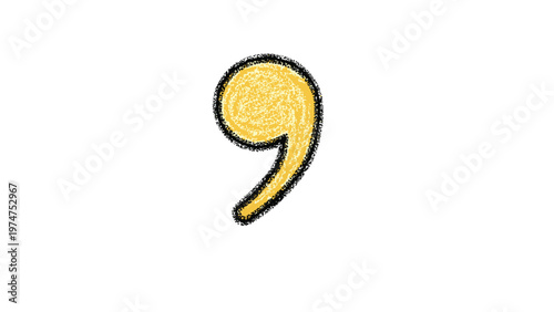 Single comma punctuation mark rendered with a textured yellow inner fill and a rough black scribble outline on white.