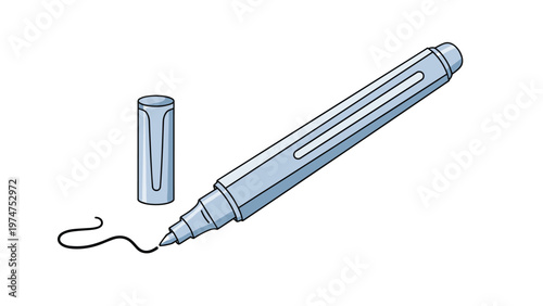 Light blue marker pen with its cap removed placed next to a squiggly black line stroke on a clean white background.