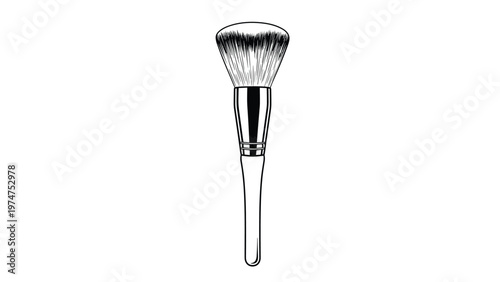 Detailed black and white line art illustration of a fluffy makeup or powder brush isolated on a plain white background.