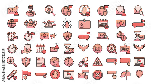 Social Security Scam and Fraud Protection Icon Set in Linear Style. A collection of Security Icons, including identity theft, phishing email, medicare fraud, wire transfer