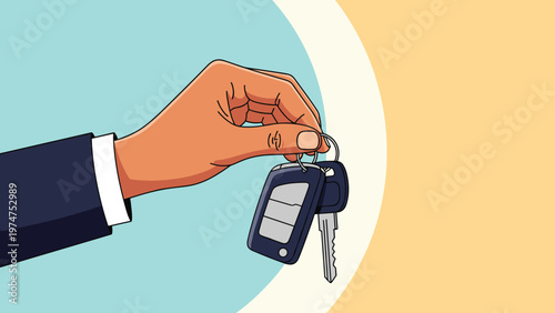Person in a business suit holding a set of car keys with a remote fob against a colorful blue and yellow geometric background.