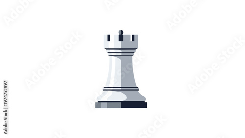 Single white chess rook piece stands isolated against a clean white background, symbolizing strategy, defense, and calculated movement.
