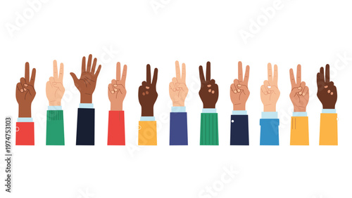 Long horizontal row of diverse hands with different skin tones making the peace sign gesture, representing harmony and global unity.