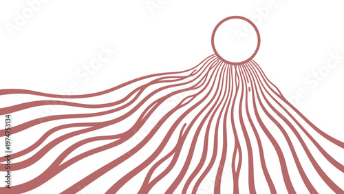 Abstract composition featuring many wavy lines converging towards a circular sun-like shape in a soft terracotta red color.