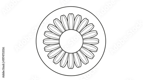 Simple line art icon of a symmetrical daisy flower with many petals enclosed in a circular border, suitable for floral designs.