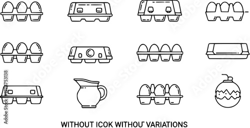 Black and White Line Art Icons of Egg Cartons, Pitcher, and Ornament for Food and Holiday Themes