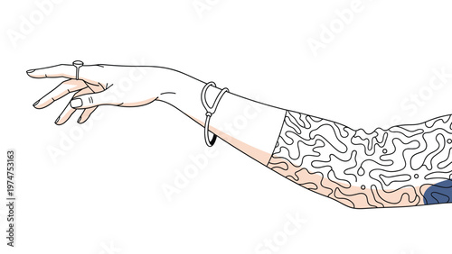 Elegant line art of a person's arm wearing a ring and a bracelet, featuring an intricate abstract line tattoo on the forearm.