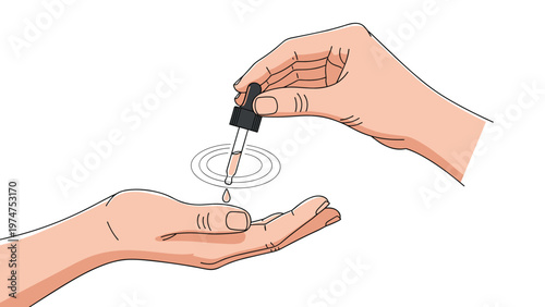 Close-up illustration of one hand using a medicinal dropper to release a liquid drop into another cupped palm for application.