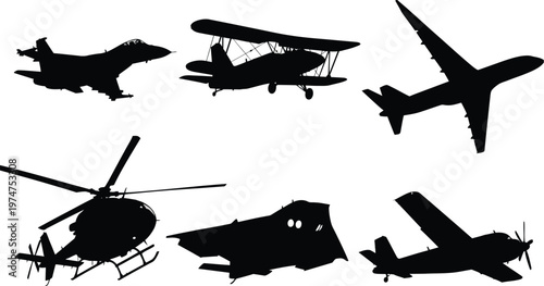 Collection of various airplane silhouettes, including passenger jets, private planes, and small aircraft vector