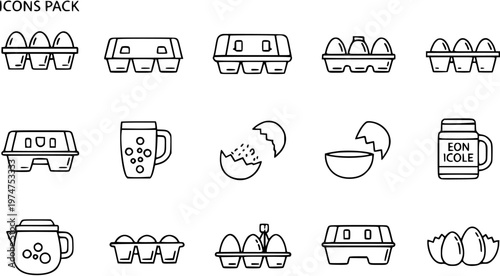 Black and white line art icons pack for food industry, featuring eggs, egg cartons, broken eggs, and a kettle.
