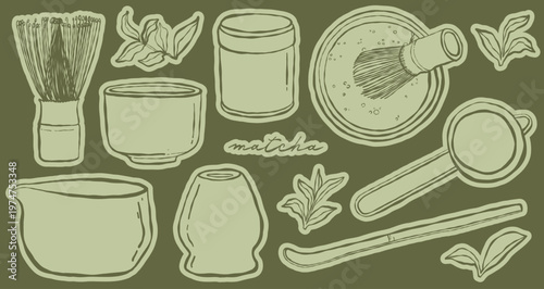 Matcha sticker set with expressive one line ink vector illustrations of Japanese tea tools. Chasen bamboo whisk, chawan bowl, chashaku scoop, sifter, cup, chasen holder, whisking matcha, leaves