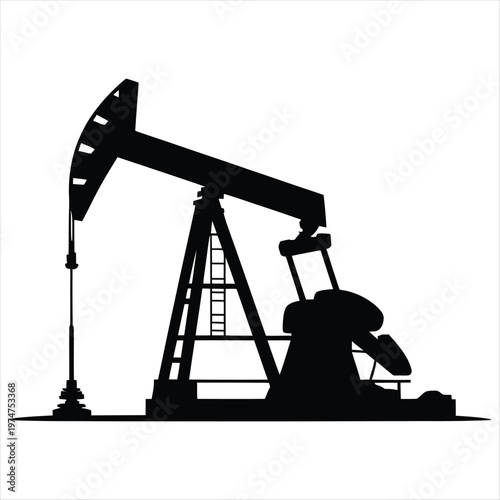 A detailed black silhouette of a classic oil pump jack on a pristine white background