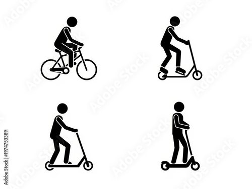 Stick figures riding bike and different types of scooters isolated on white background