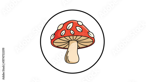 Colorful icon of a red mushroom with white spots enclosed in a circular frame, representing a classic forest toadstool image.