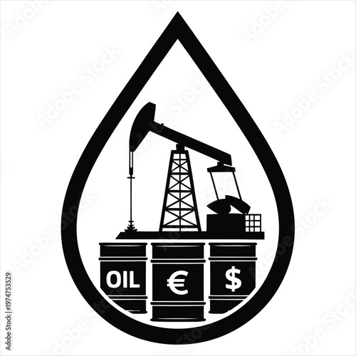 A detailed black silhouette of an oil pump jack and barrels with currency symbols inside an oil drop