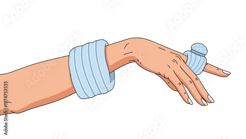 Stylized illustration of a graceful arm and hand wearing a thick light blue bracelet and a large matching ring with a faceted gem.