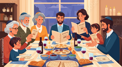 Family gathered around table for Passover Seder meal celebrating holiday with traditional food and Haggadah books