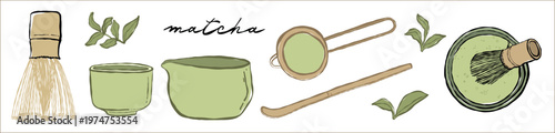 Matcha minimal elegant vector set with soft colored Japanese tea ceremony tools and ingredients. Chasen bamboo whisk, chawan bowl, chashaku scoop, tea sifter, cup, whisking matcha and tea leaves