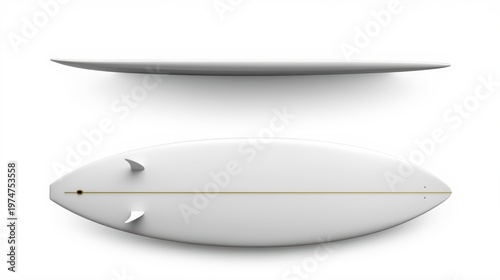 A white surfboard with a yellow line on a white background isolated on white background