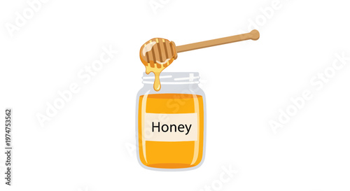 Honey jar with wooden dipper dripping golden honey sweet food ingredient