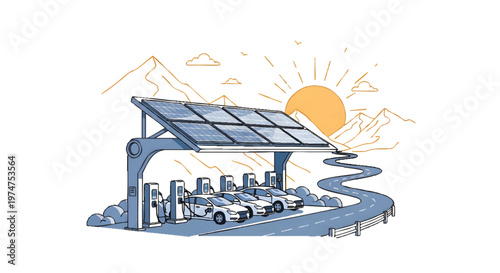 Solar powered electric vehicle charging station with sun and mountains