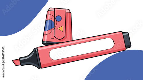 Vibrant pink highlighter pen with its cap off, set against a background with blue decorative shapes for a creative office look.