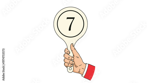 Competition judge hand holding a scoring paddle with number seven displayed for a performance rating in a white background.