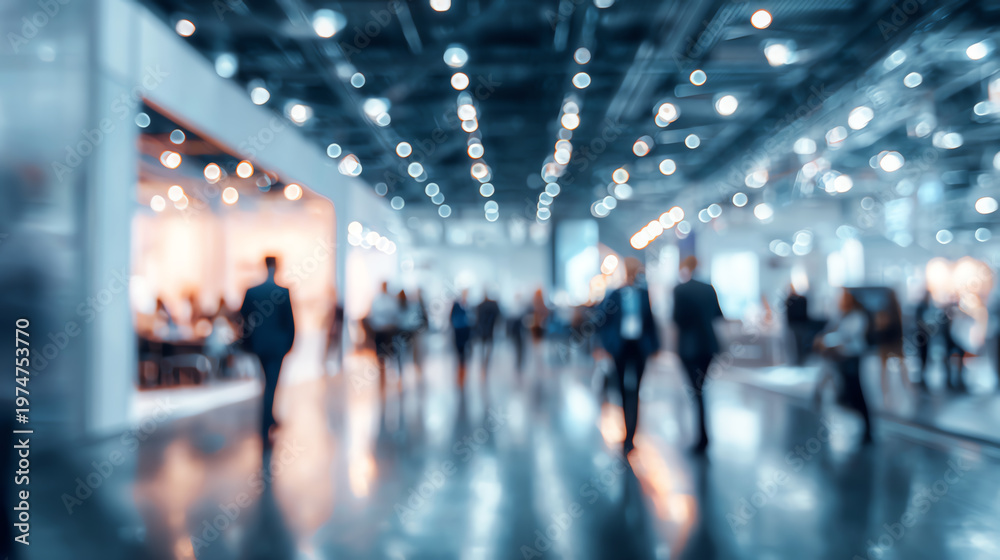 Obraz premium A bustling trade show scene with blurred figures and bright lights, conveying networking and innovation in business.